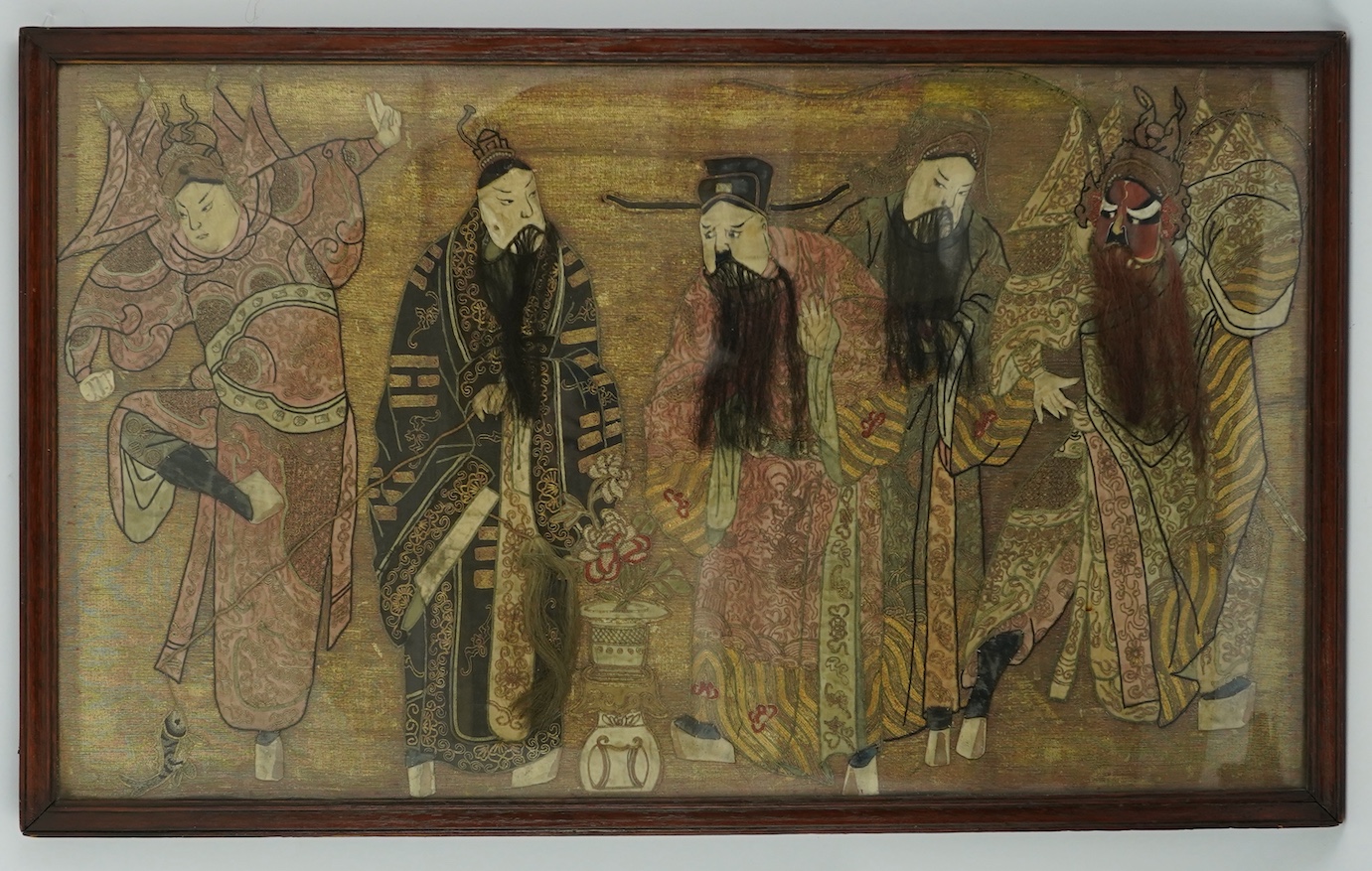A Chinese embroidered silk ‘Peking Opera’ panel, early 20th century